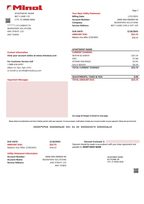 USA Texas Minol business utility bill template in Word and PDF formats